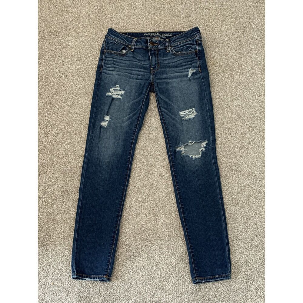 American Eagle Distressed Jeggings Size 8 Regular Dark Wash Ripped Skinny Jeans